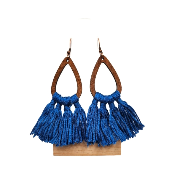 Boheme Jewelry - Yarn Tassel Wood Earrings Dangle Bohemian Boho Style Blue Gold Fan Ear Jewelry